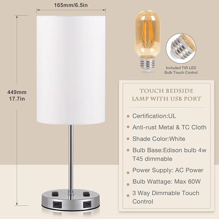 White Color Small Touch Control Nightstand Lamp with USB Outlet