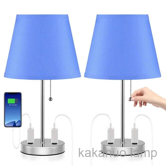 Deep Blue Color Trapezoid Shape Bedroom Lamp with Outlet（Set of 2）