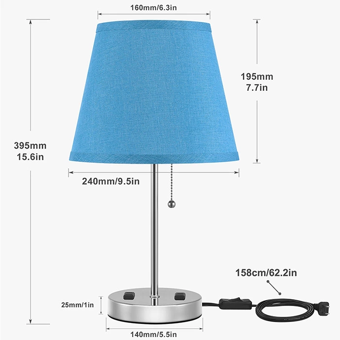 Navy Color Trapezoid Shape Bedroom Lamp with Outlet（Set of 2）