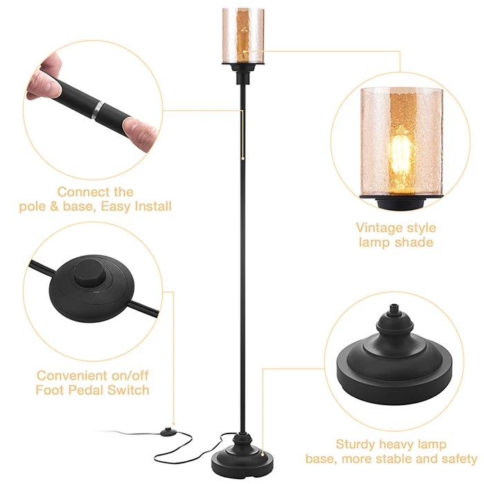 Black Floor Lamp with Cracked Glass Shade for Living Room & Bedroom